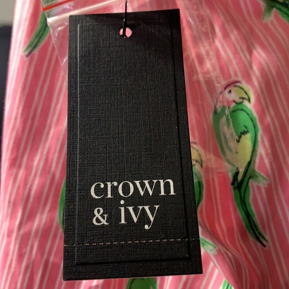 Crown & Ivy Puff Sleeve Dress Signature Stripe Parrot Button Back Shift - Picture 4 of 4